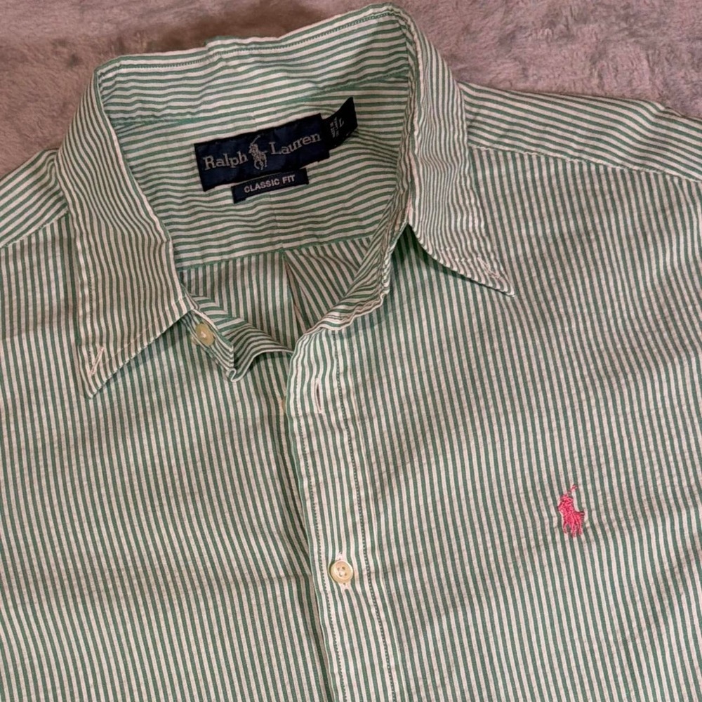 90s Vintage Ralph Lauren Classic Fit Button Down Shirt | Green Stripe | Large
